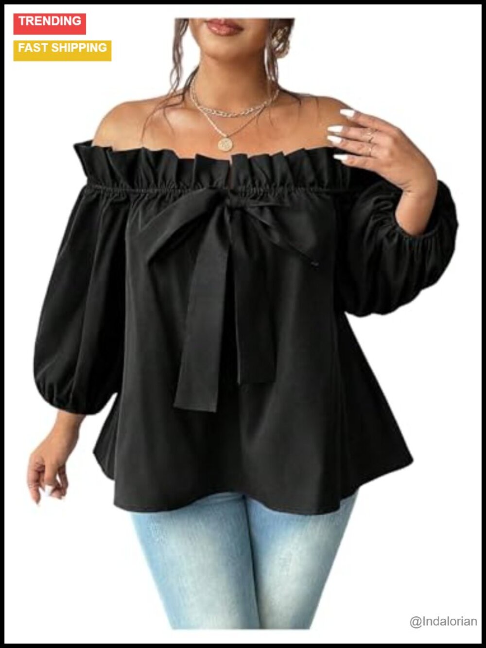Women's Plus Size Off Shoulder Blouse with Frill Trim and Flared Hem
